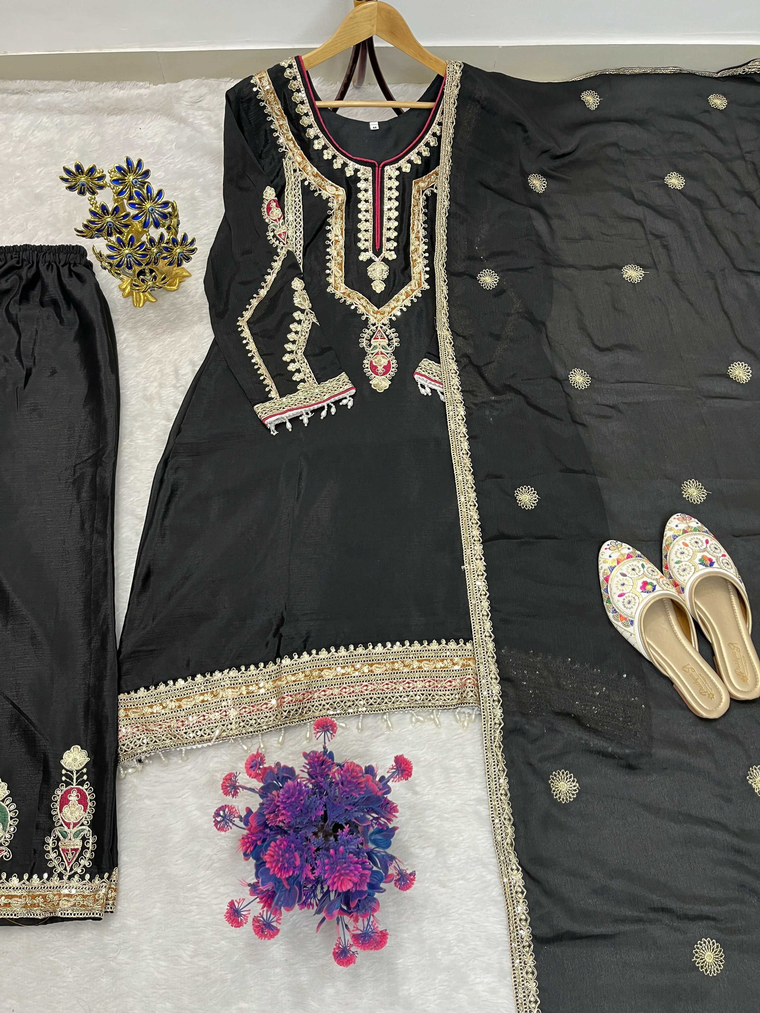 Teeya Creation Black Color Chinon Silk Party Wear Trending Palazzo Set - Distacart