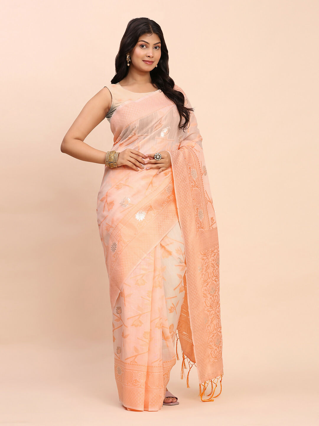 Shree Shyam Fashion Linen Cotton Peach Saree - Distacart