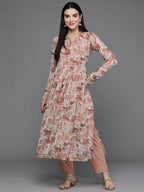 Ahalyaa Women Floral Printed Pleated Gotta Patti Kurta with Trousers - Brown Color