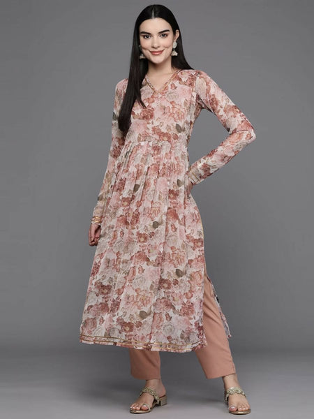 Ahalyaa Women Floral Printed Pleated Gotta Patti Kurta with Trousers - Brown Color