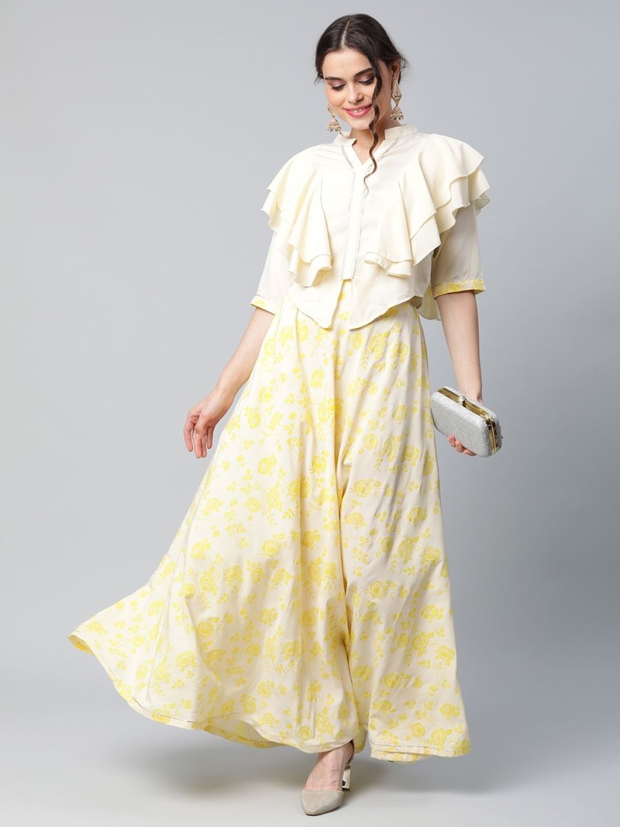 Ahalyaa Women Crepe Cream Solid Top with Printed Skirt with Ruffle Details - Distacart