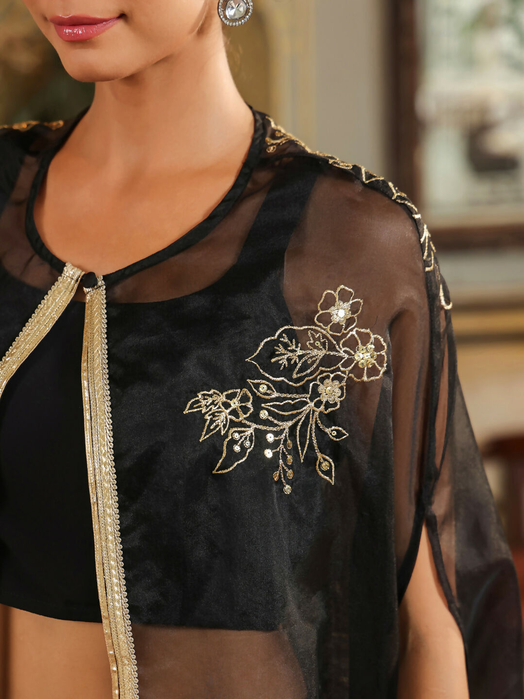 Janasya Black Georgette Solid Top Bottom Cape