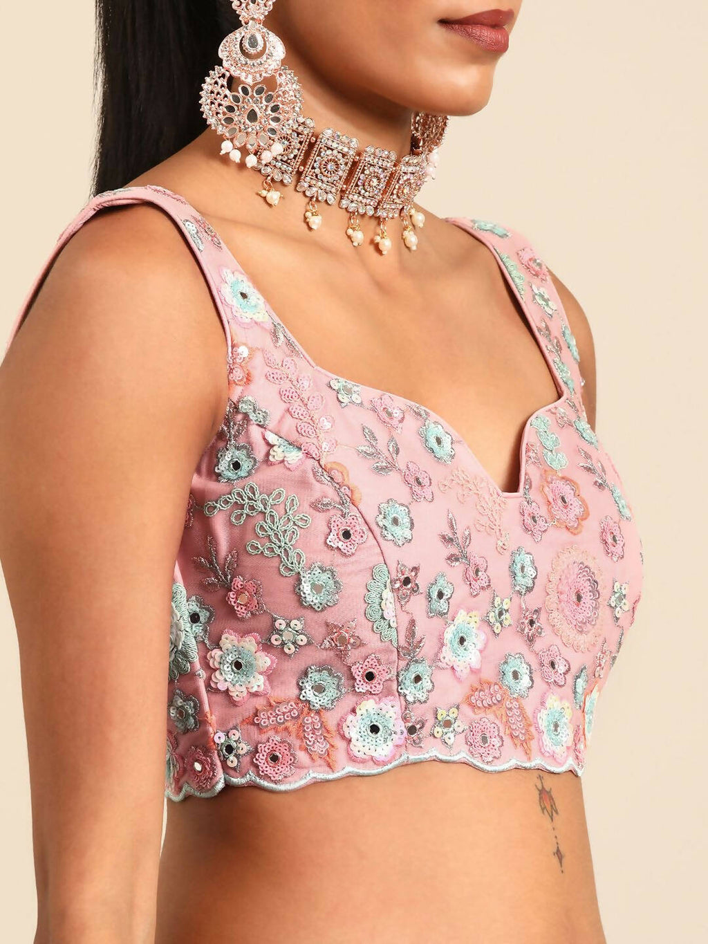 House of Panchhi Pink Net Sequins, Mirror and thread embroidery Lehenga choli & Dupatta