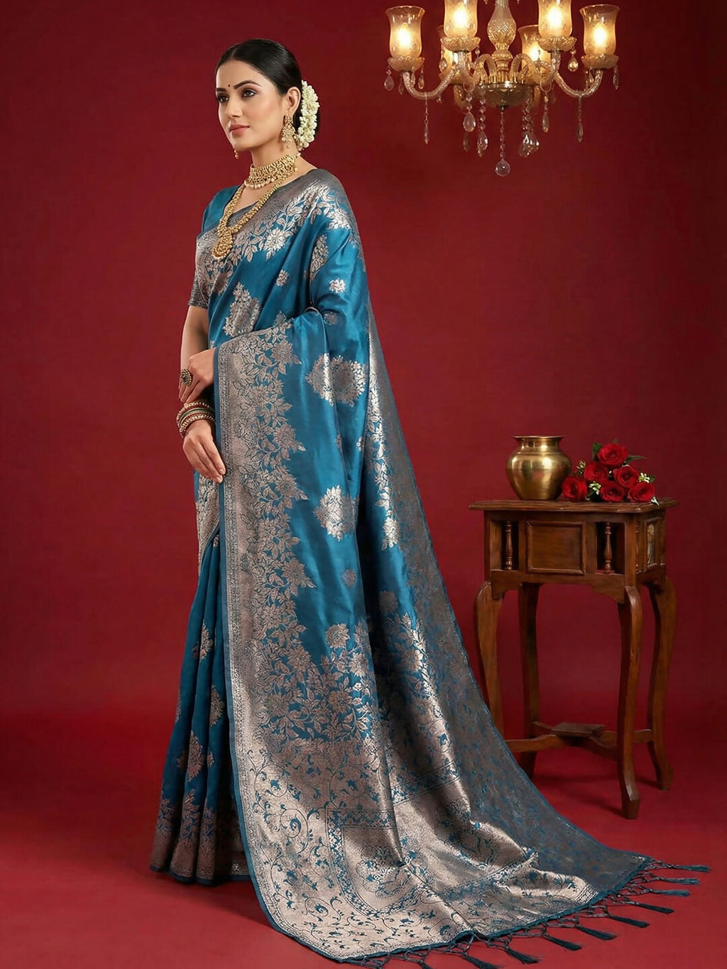 Shree Shyam Fashion Teal Blue Silk Blend Saree - Distacart