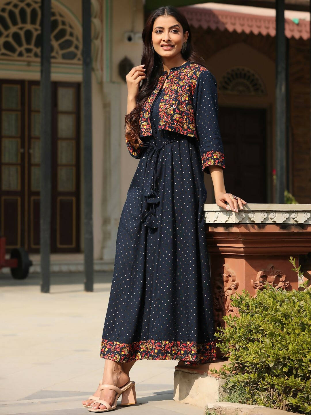 Juniper Women's Blue Rayon Festive Printed Flared Dress - Distacart