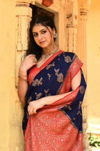 Joban Fashion Navy Blue Crepe Chiffon Pure Handloom Banarasi Silk Saree