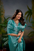 Vastranavya Firozi Kanjivaram Zari Weaving Work Saree with Unstitched Blouse
