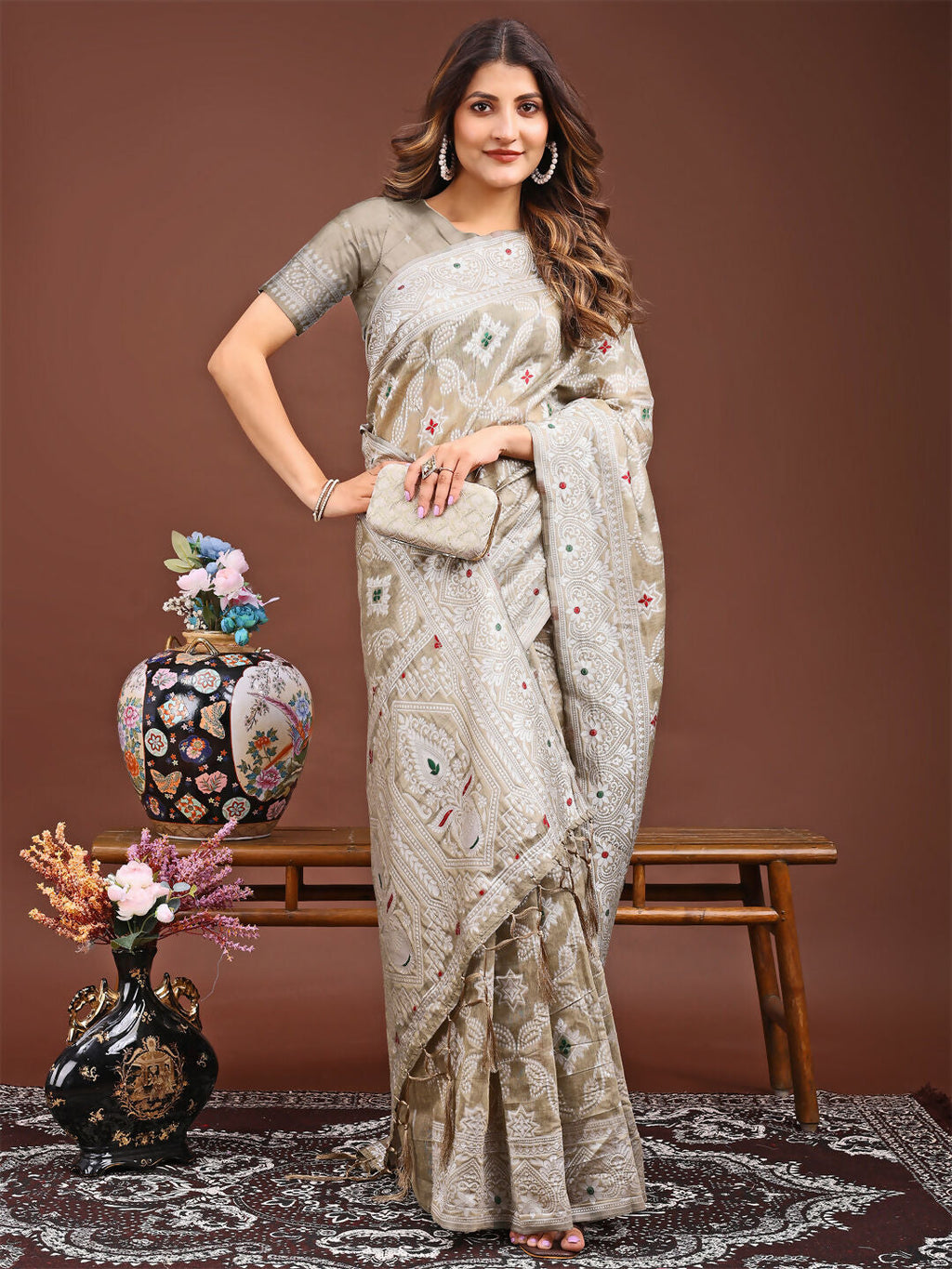 Shree Shyam Fashion Pankhuri Brown Linen Cotton Saree