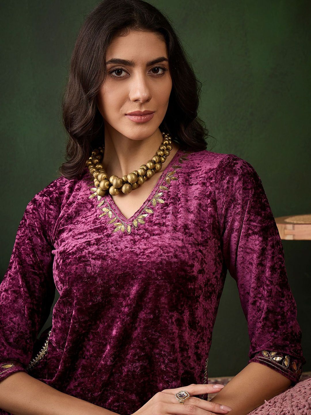 Sangria Embroidered Straight Velvet Kurta