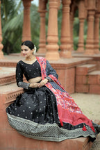 Vastranavya Navaratri Collection Myra Silk Lehenga & Blouse With Maslin Crochet Printed Dupatta Set - Black