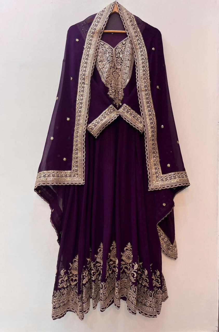 Teeya Creation Wine Color Faux Georgette Embroidery Work Long Party Wear Gown - Distacart