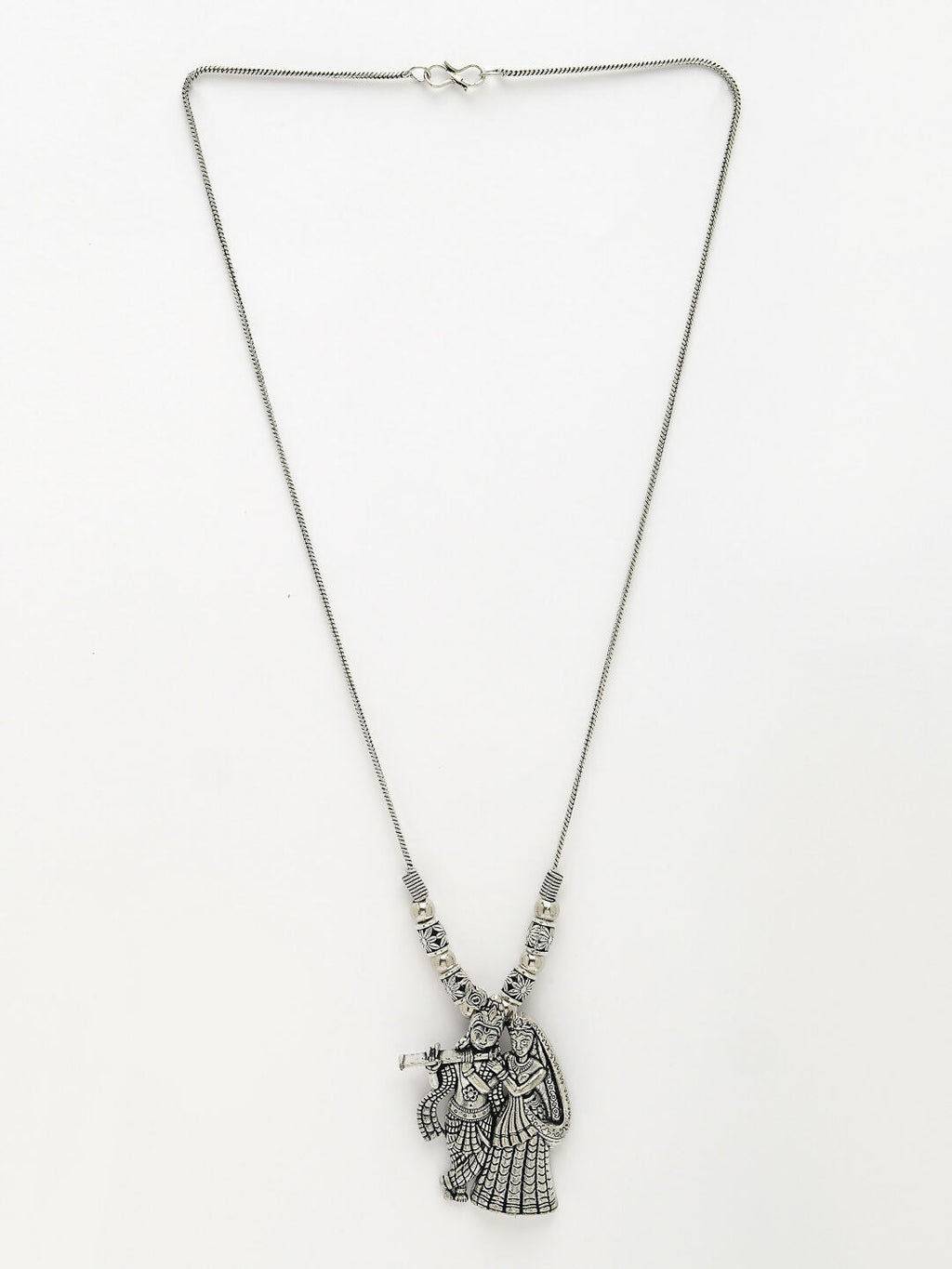 NVR Women's Silver-Toned Radha Krishna Pendant with Chain