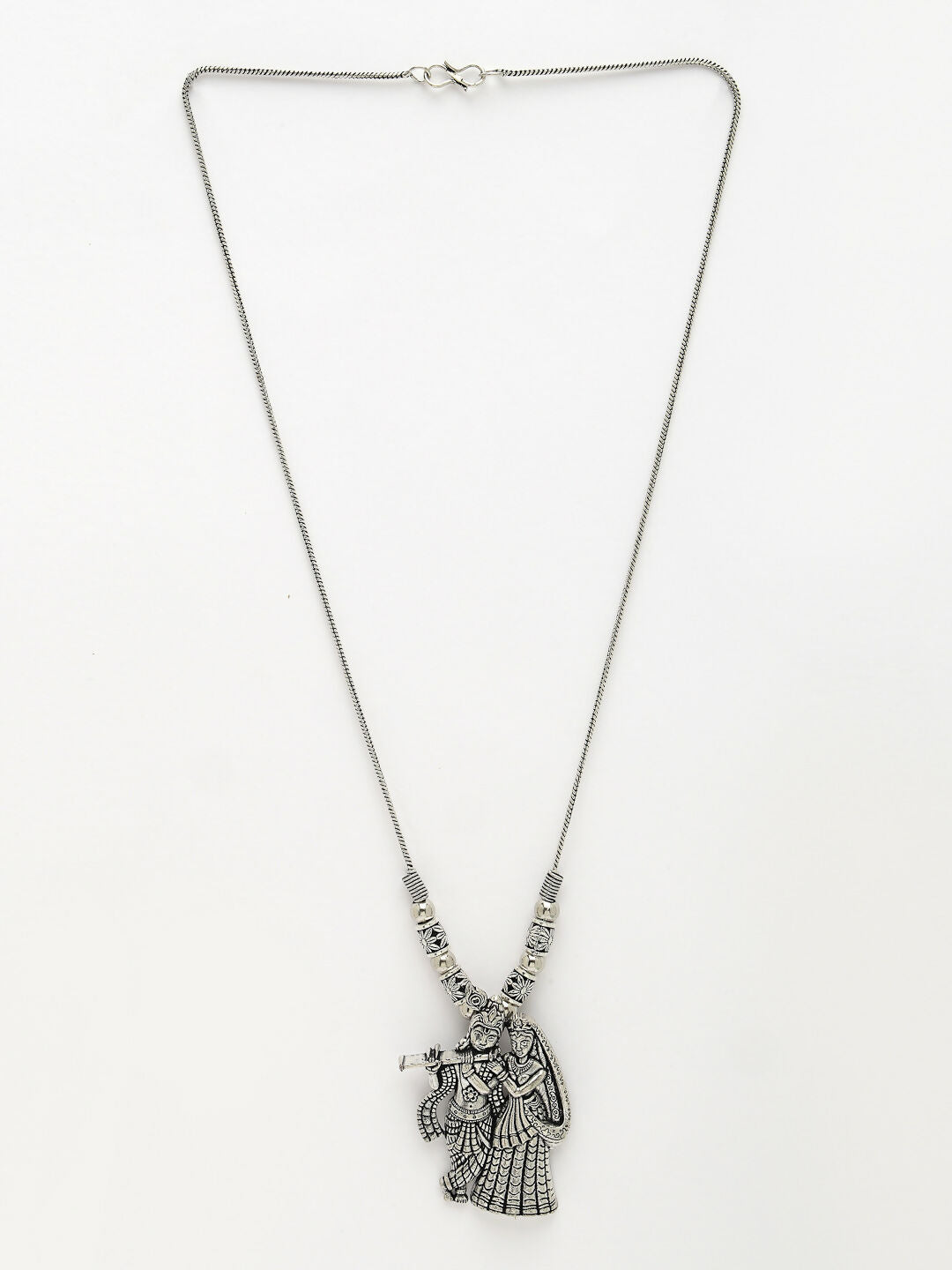 NVR Women's Silver-Toned Radha Krishna Pendant with Chain