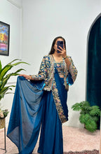Teeya Creation Teal Color Chinon Silk Embroidery Work Ready To Wear Party Wear Saree With Koti - Distacart