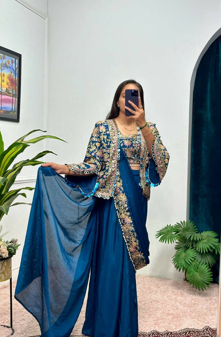Teeya Creation Teal Color Chinon Silk Embroidery Work Ready To Wear Party Wear Saree With Koti