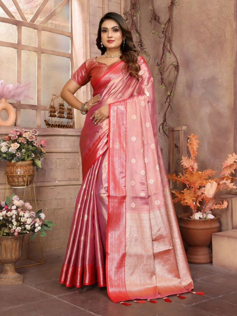 Anaita Peach Tissue Silk With Zari Weaving Saree With Blouse