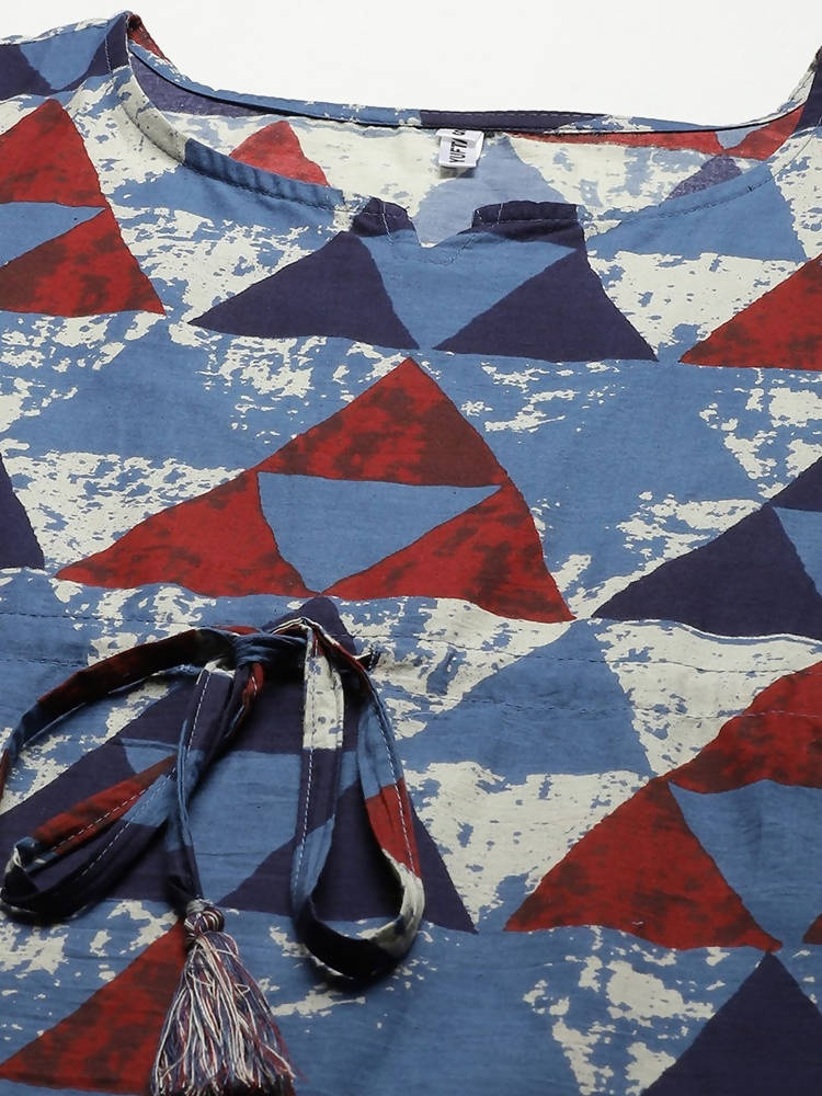 Yufta Blue & Red Geometric Printed Flared Sleeves Kaftan Kurti