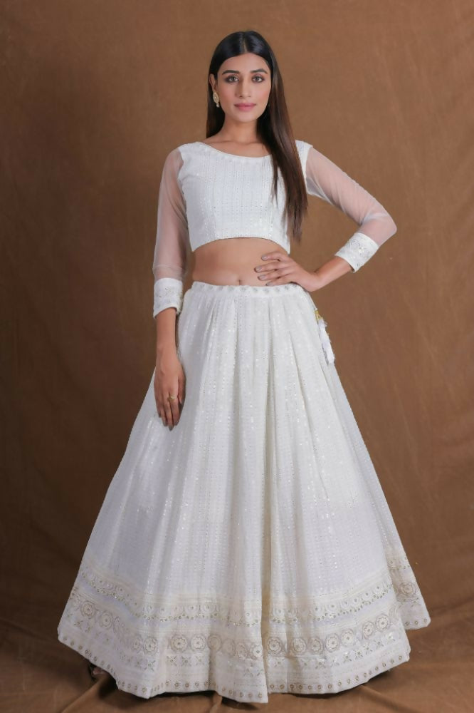 White Thread Sequenve Embroidery Work Lehenga Choli Set - Jihu Culture