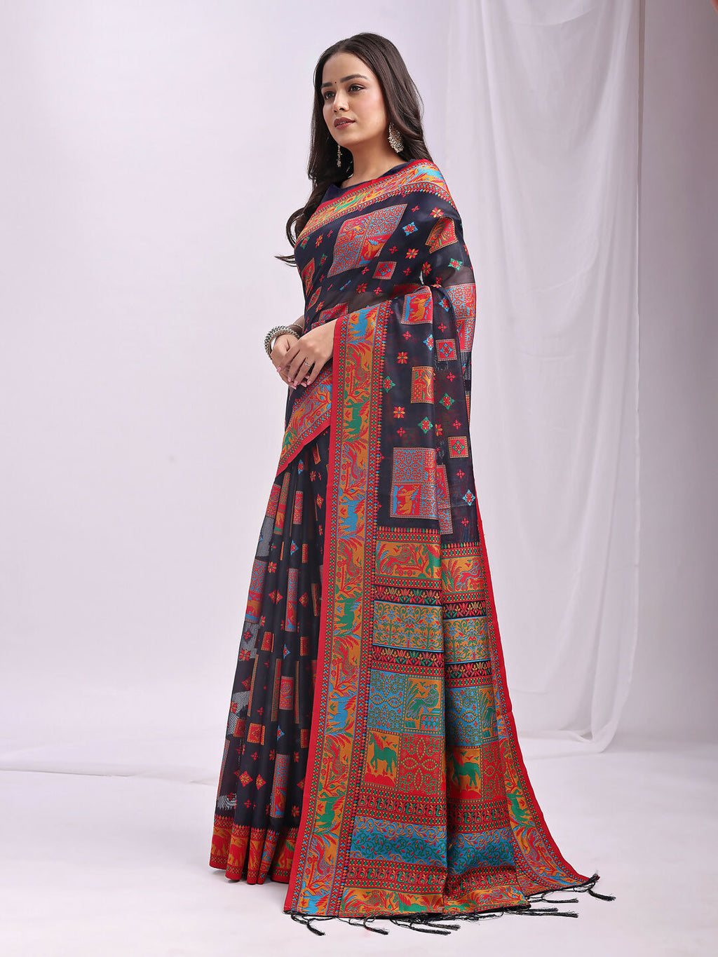 Shree Shyam Fashion Vastraloom Navy Blue Linen Cotton Saree