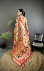 Joban Fashion Crimson Red Intricate Floral & Leaf Soft Silk Paithani Saree - Distacart