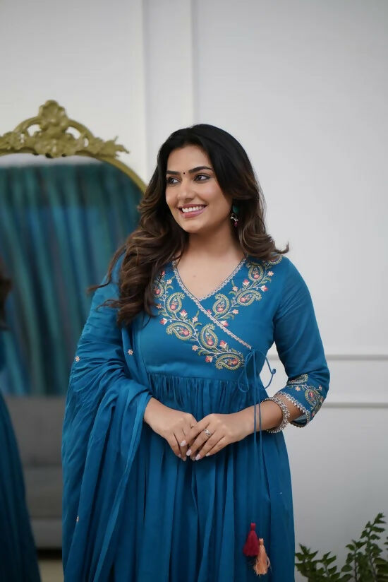 The52 Petrol Women's Beautiful Parampara Fabric Embroidered Work Flared Kurta Pant and Dupatta Set - Distacart