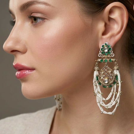 Jewel City Elegant Kundan & Green Emerald Pearl Drop Jhumka Earrings – Traditional Handcrafted Ethnic Jewelry