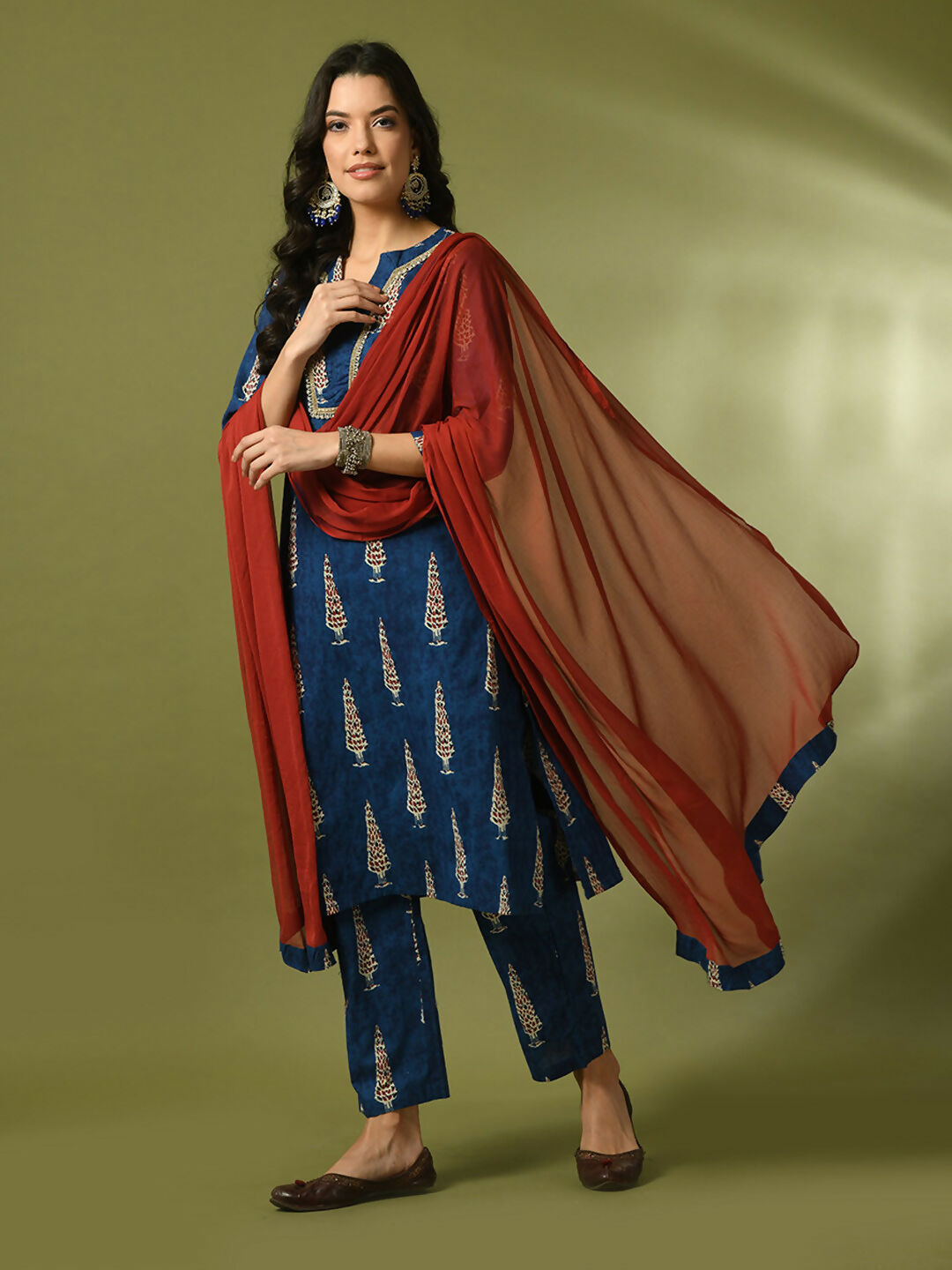 Myshka Women's Blue Printed Cotton Straight Party Kurta Set With Dupatta