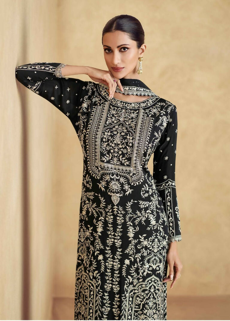 Vastranavya Black Chinon Silk Embroidered Sequins Pakistani Straight Pant Suit