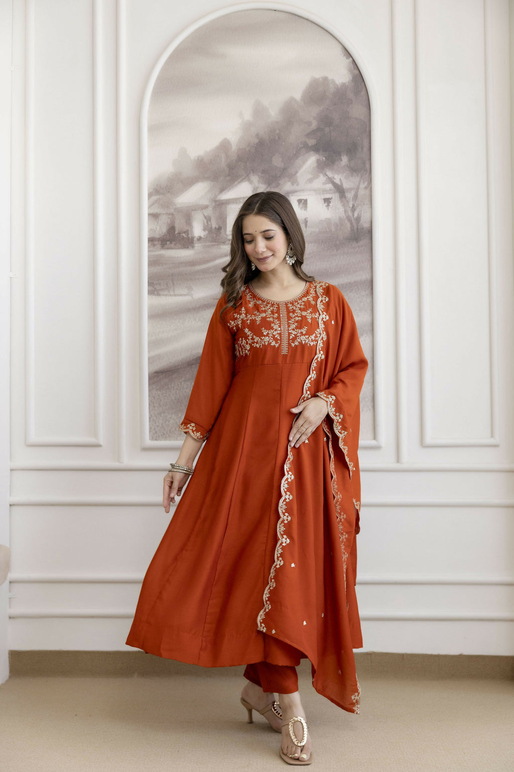The52 Orange Women's Beautiful Vichitra Silk Fabric Embroidered Work Flared Anarkali Pant and Dupatta Set - Distacart