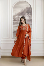 The52 Orange Women's Beautiful Vichitra Silk Fabric Embroidered Work Flared Anarkali Pant and Dupatta Set - Distacart
