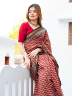 Zibaa Hand-Blocked Pure Maheshwari Silk Red Saree - Small Motifs - Distacart
