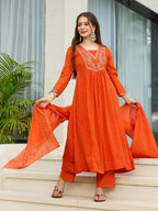 The52 Orange Women's Gorgeous Embroidered Chinon Fabric Flared Kurta Pant and Dupatta Set - Distacart