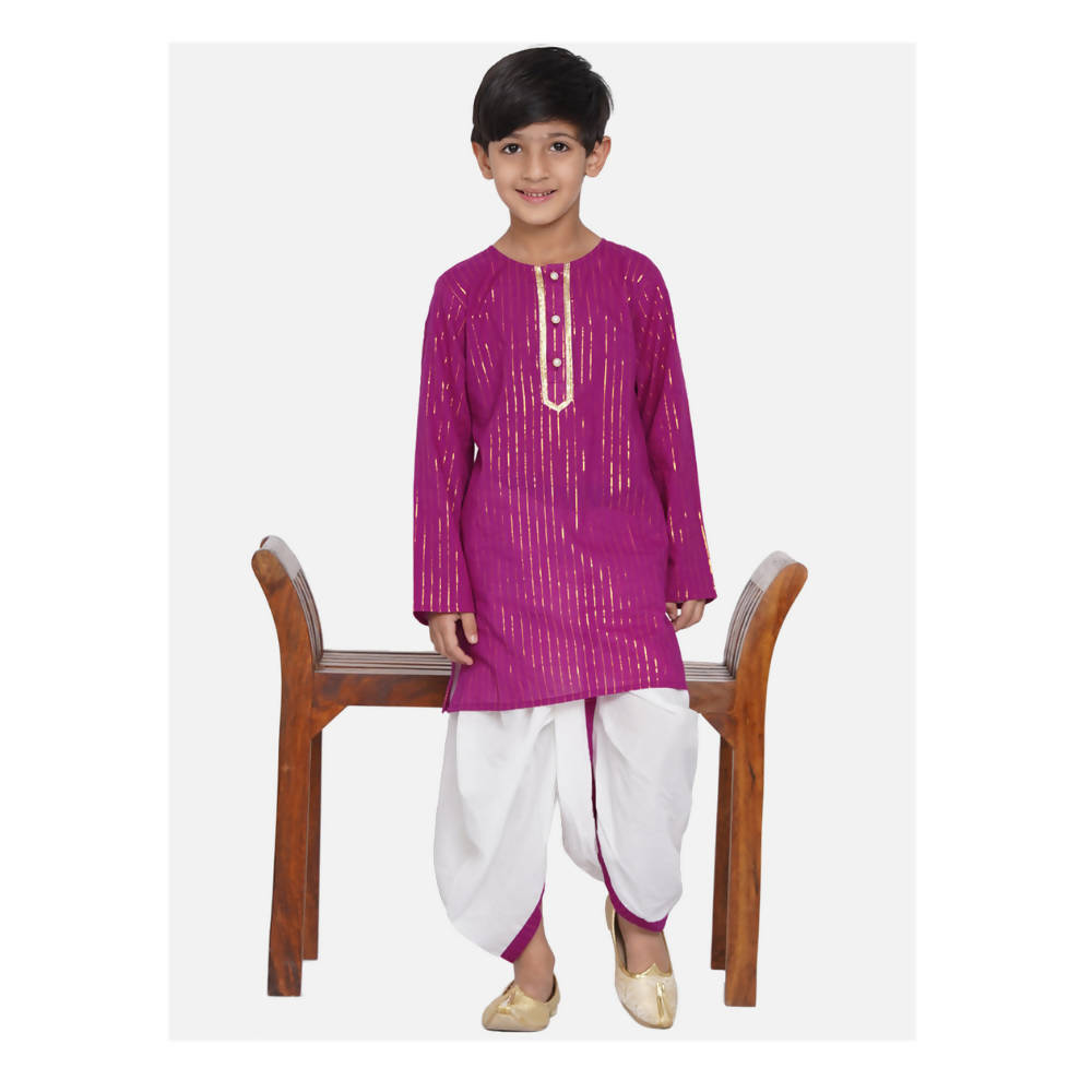 Little Bansi Boys Golden Striped Kurta and Dhoti - Purple and Cream