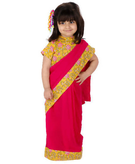 Little Bansi Girls Yellow and Magenta Red Saree with Floral Blouse