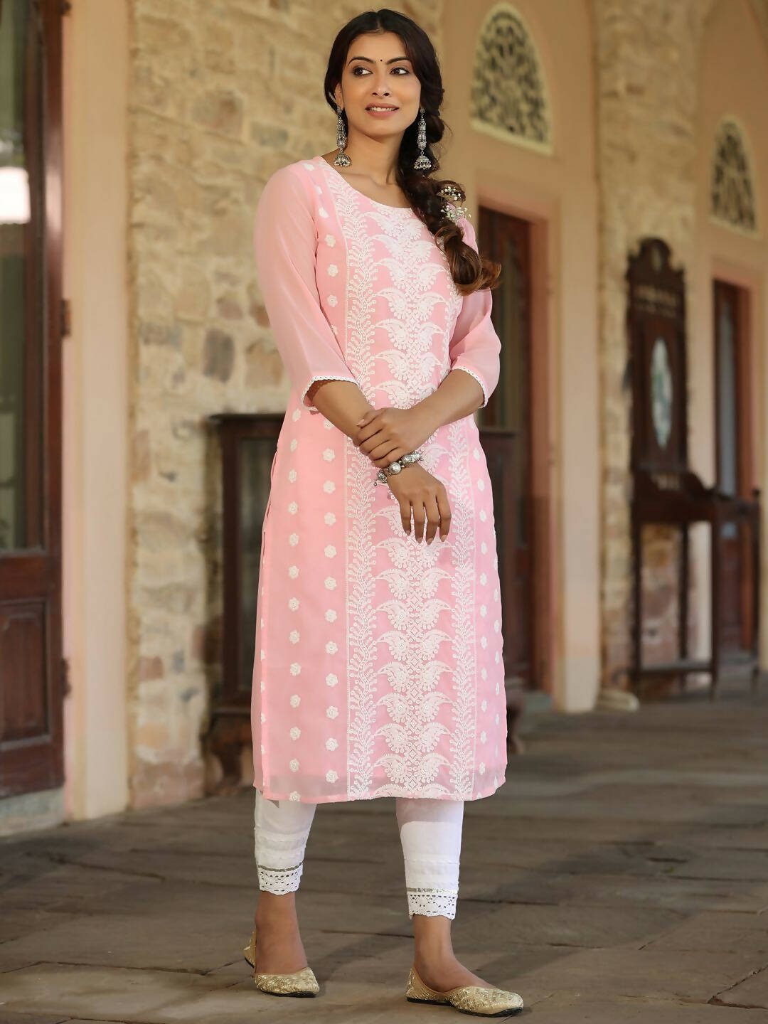 Juniper Women's Pink Georgette Printed Kurta - Distacart