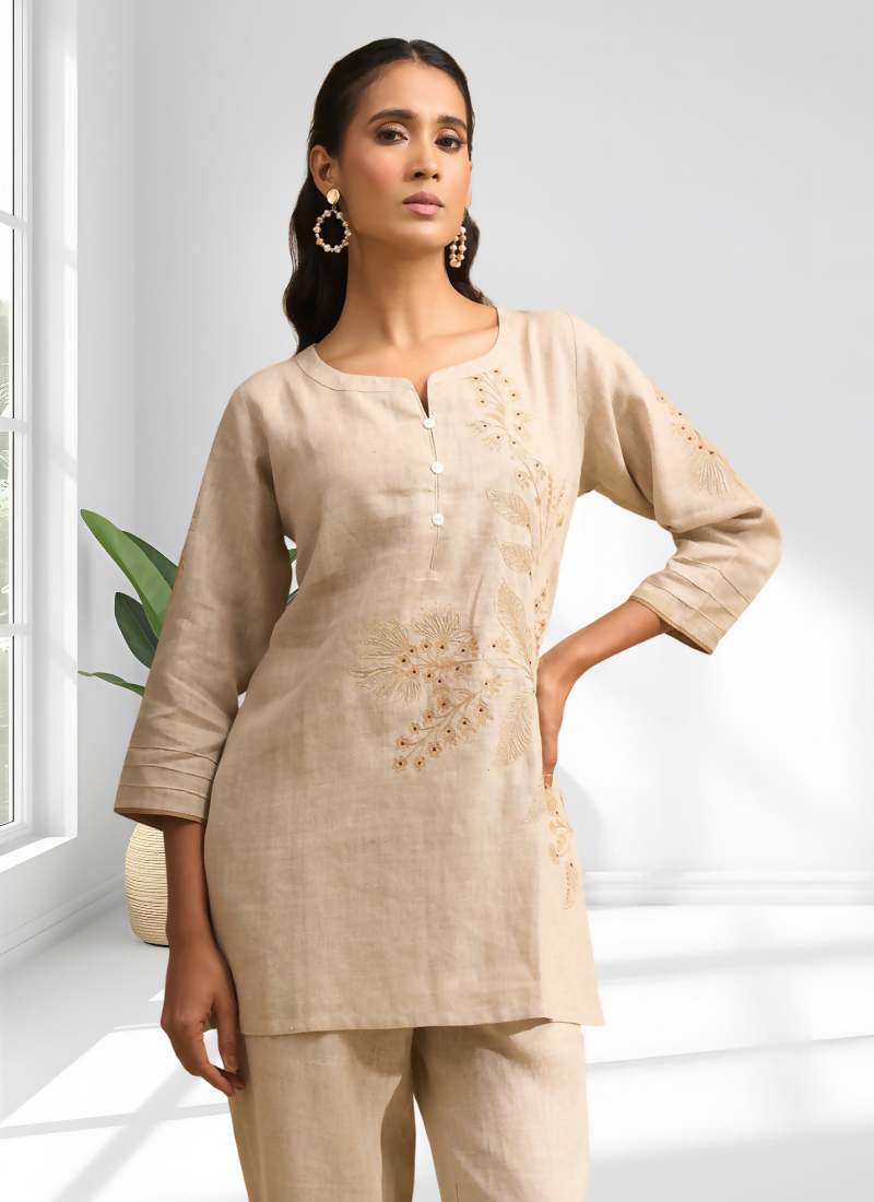 Joban Fashion Beige Linen Embroidered Readymade Cord Set - Distacart