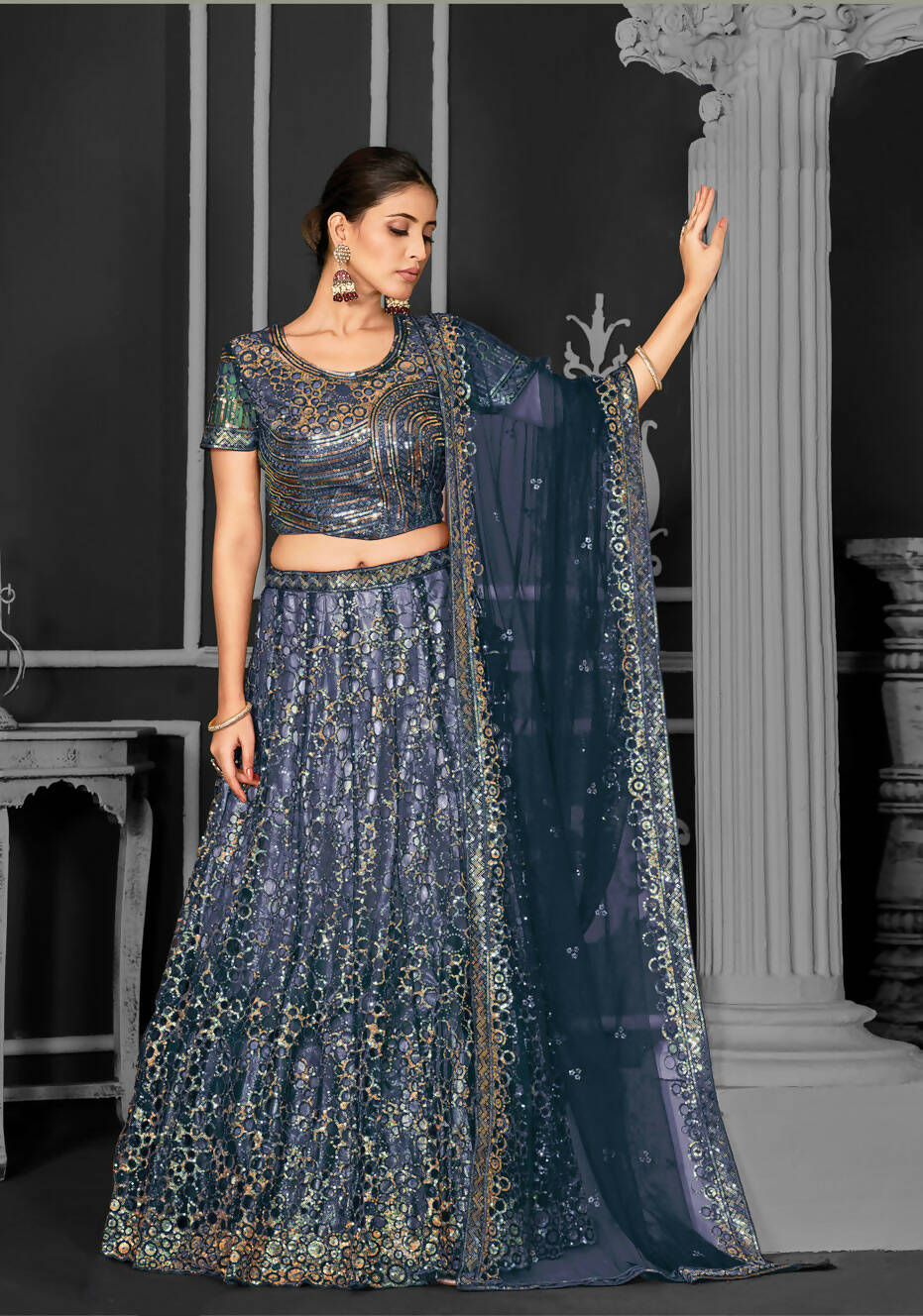 Teal Net Semi-Stitched Bridal Lehenga - Nimayaa Bonanza