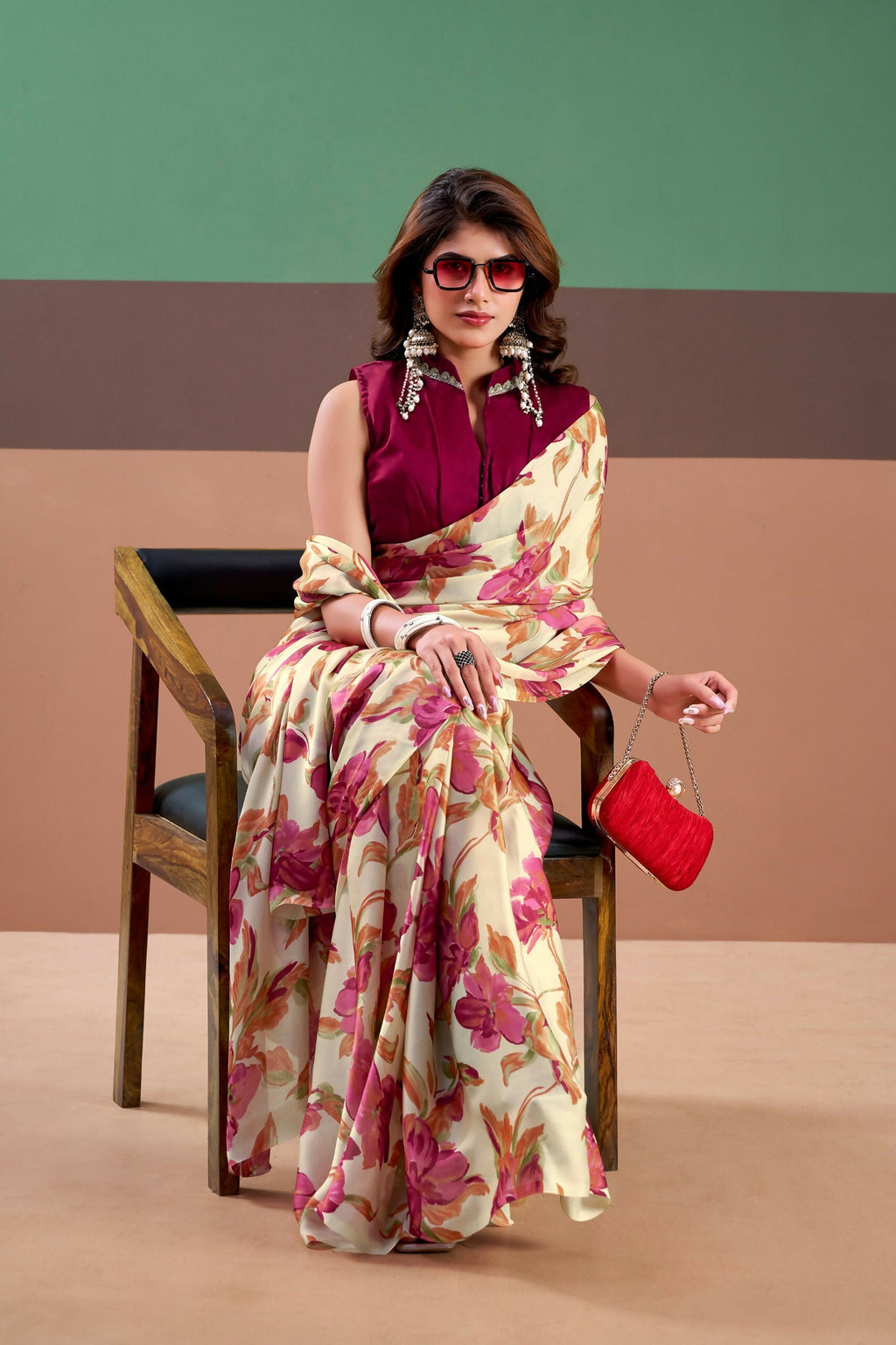 Vastranavya Pink Satin Silk Floral Printed Saree with Stitched Blouse - Distacart