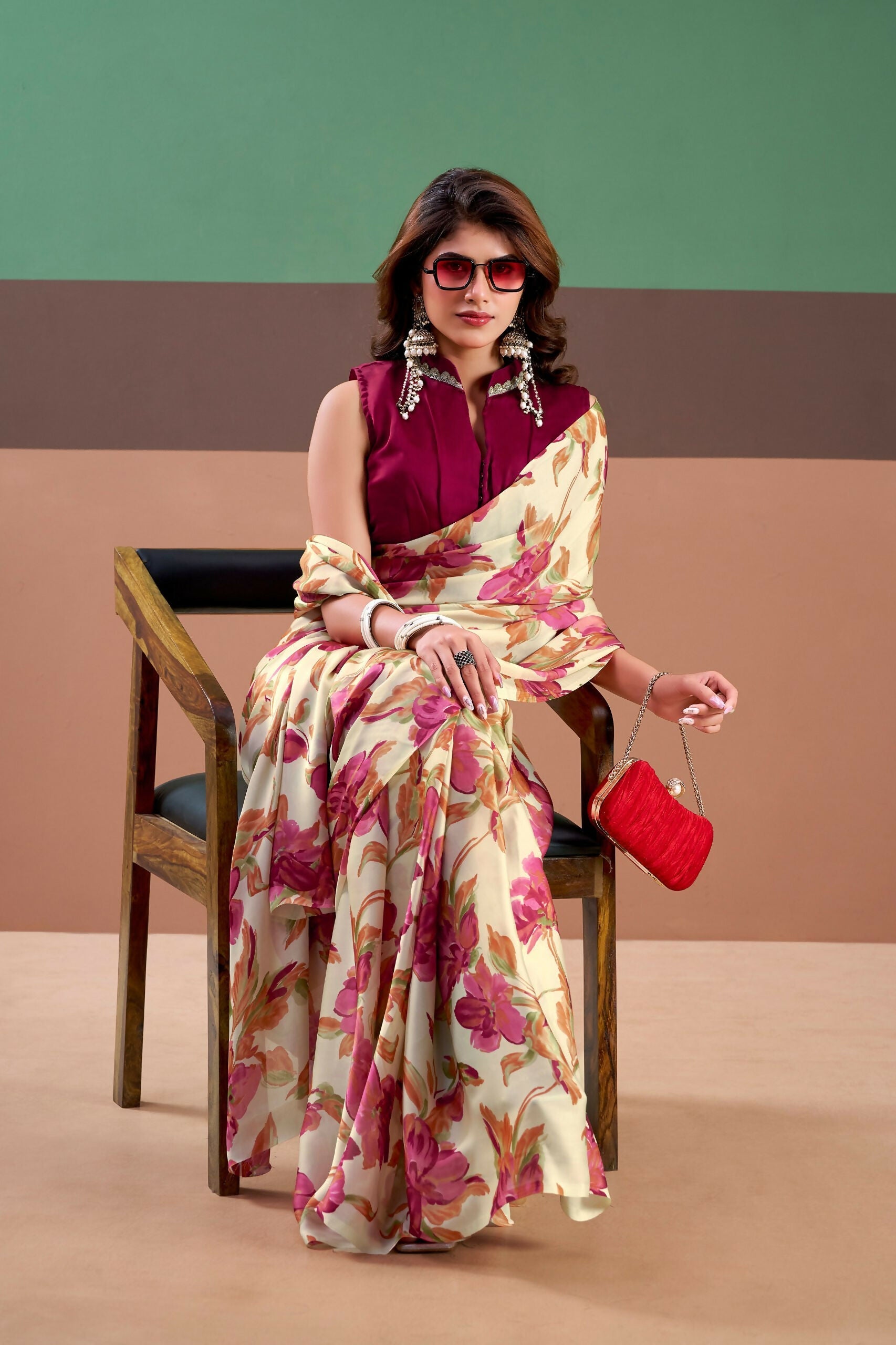 Vastranavya Pink Satin Silk Floral Printed Saree with Stitched Blouse - Distacart