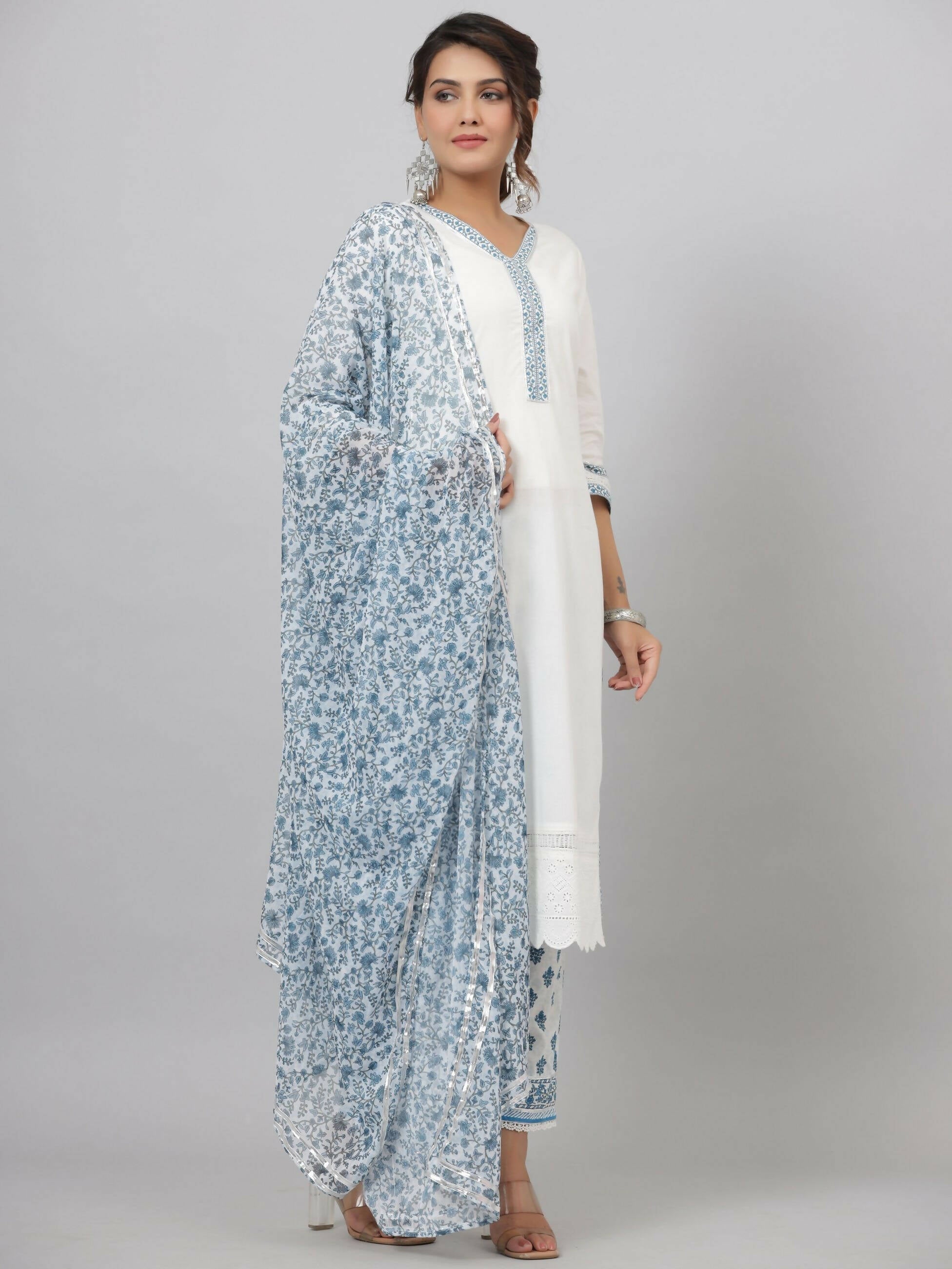 Juniper Women's White Cotton Cambric Solid Kurta Floral Printed Pant & Dupatta Set - Distacart