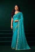 Joban Fashion Turquoise Blue Net Party Wear Sarees - Distacart