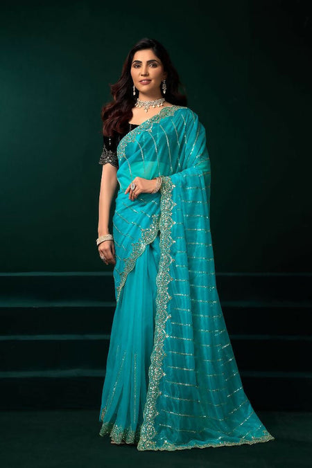 Joban Fashion Turquoise Blue Net Party Wear Sarees