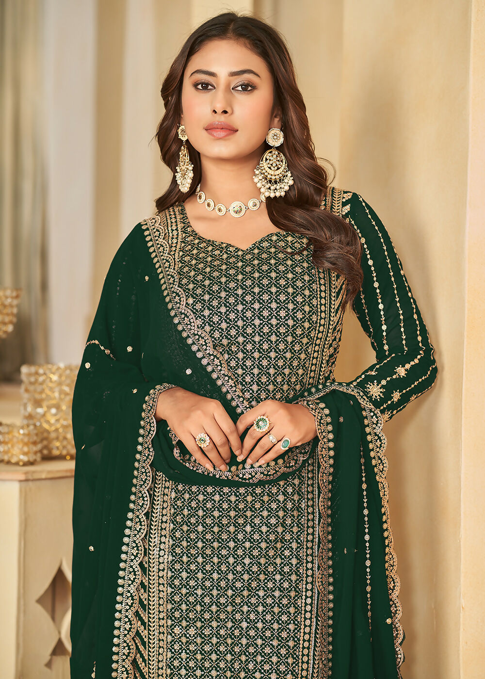 Mesmeric Green Faux Georgette Palazzo Suit with Embroidery - Emponline