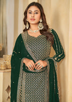 Mesmeric Green Faux Georgette Palazzo Suit with Embroidery - Emponline
