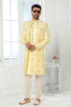 Raivat Ethnic Art Silk Embroidery Work 3 Pcs Indo Jacket Set In Yellow Colour