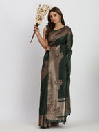 Shree Shyam Fashion Linen Cotton Dark Green Saree - Distacart
