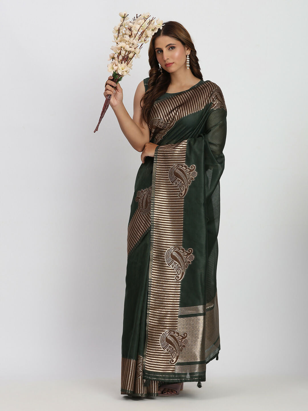 Shree Shyam Fashion Linen Cotton Dark Green Saree - Distacart