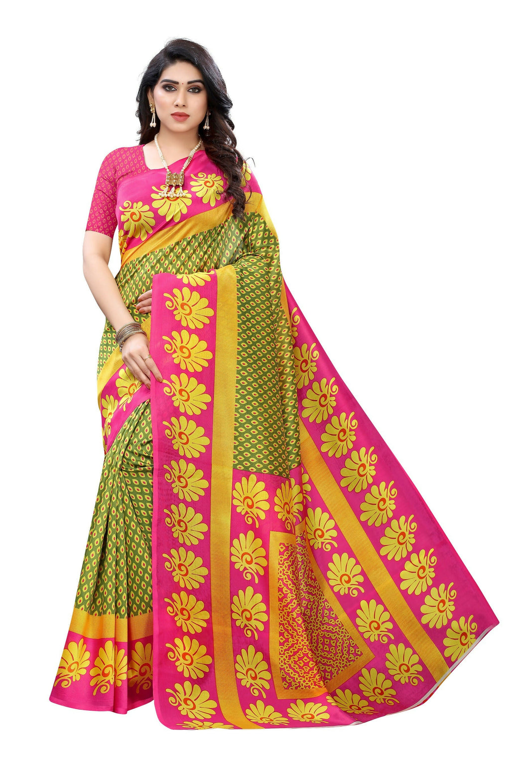 Vamika pink & green Printed Art Silk Saree
