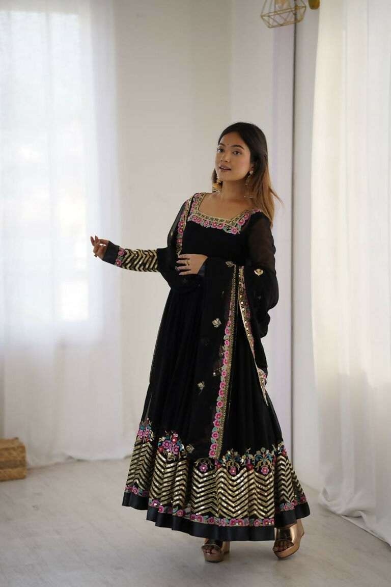 Teeya Creation Black Color Heavy Georgette Wedding Wear Embroidery Work Long Gown - Distacart