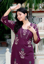 Miravan Women's Cotton Fabric Purple Kurta With Palazzo